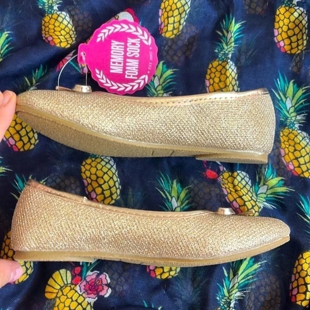 Brand New SO Glittery Gold Slip On Flats Bows Sparkly Shoes Memory Foam Sock